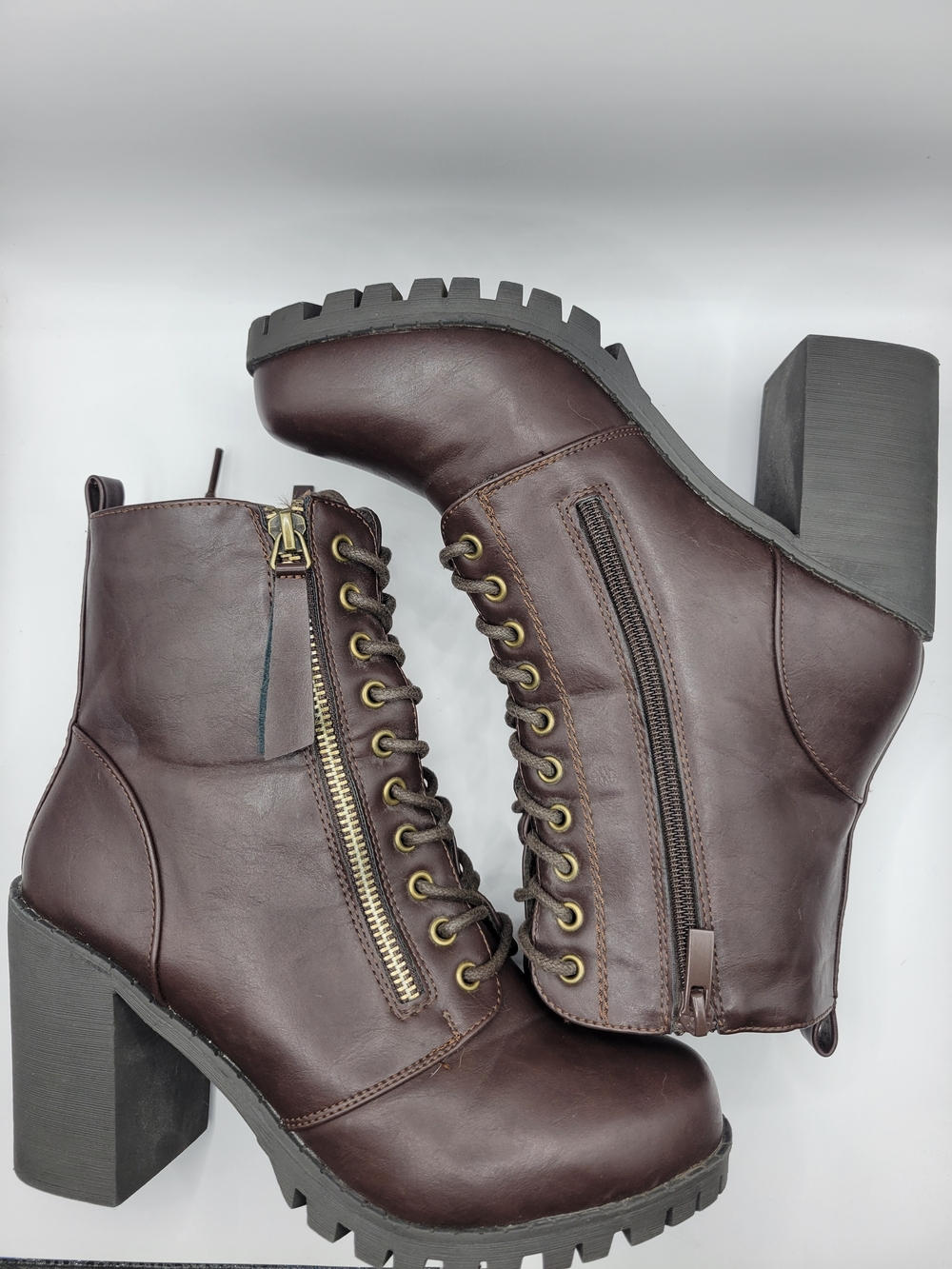 Forever Link Brown Lace-Up Chunky Heel Ankle Boots